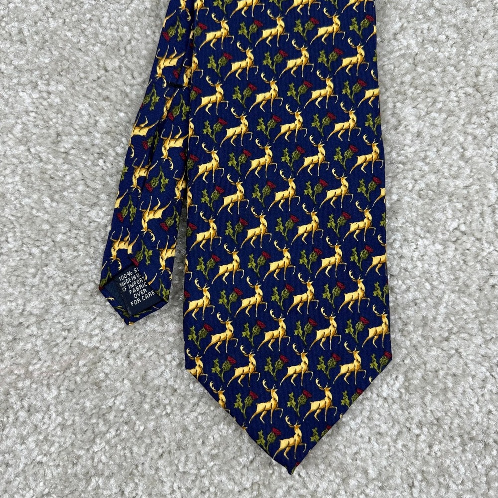 Vtg Gap Premium Silk Tie Navy Blue Gold Stag Deer Thistle Holiday Christmas